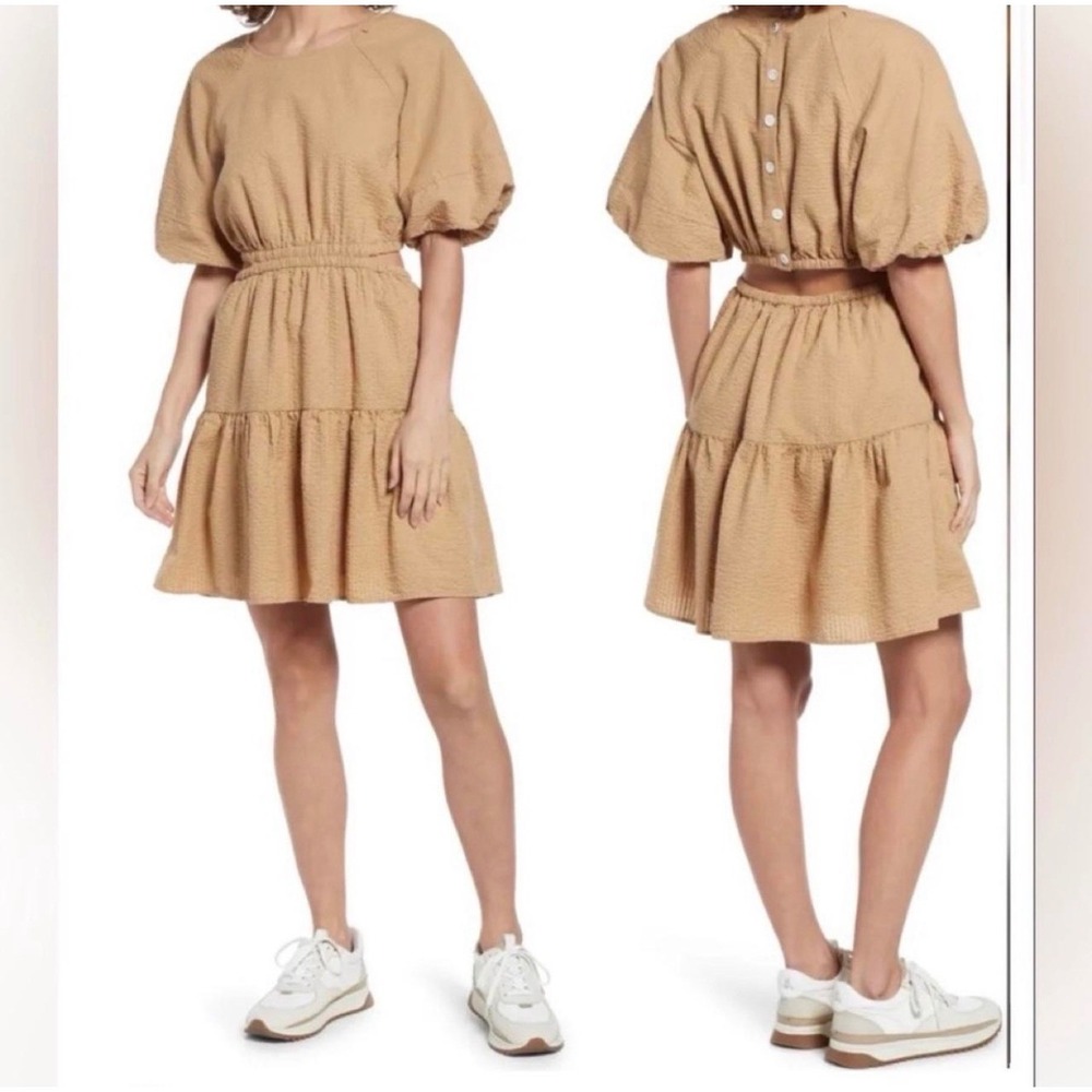 Madewell Seersucker Cutout Back Mini Dress XL Tan Puff Sleeve Tiered